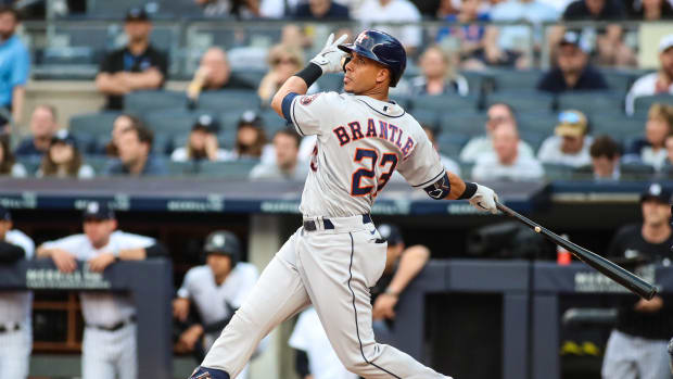 Jun 24, 2022; Bronx, New York, USA; Houston Astros left fielder Michael Brantley (23) at Yankee Stadium. Mandatory Credit: Wendell Cruz-USA TODAY Sports  